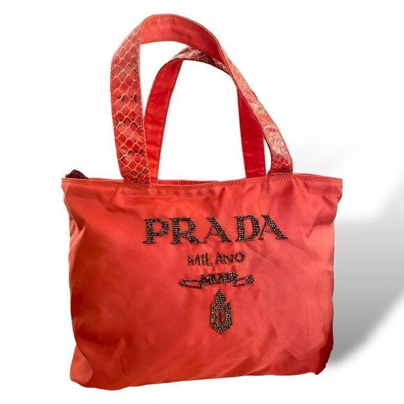 PRADA Tote with Python Handles and Beaded Front Logo - Picture 1 of 14